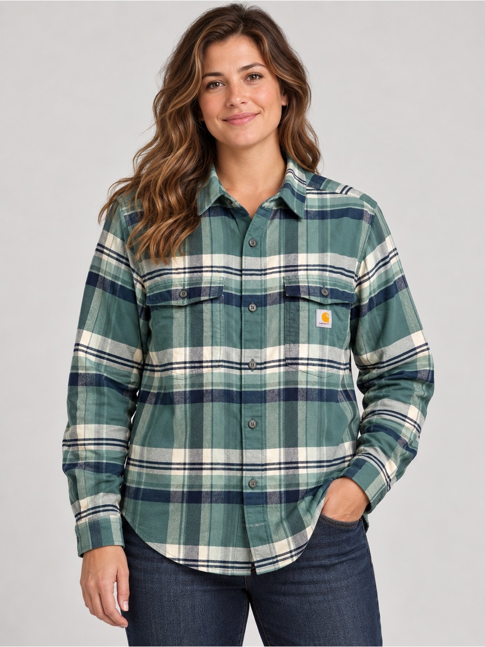 Carhartt Women’s Green and Black Plaid Relaxed Fit Button Down Shirt Large